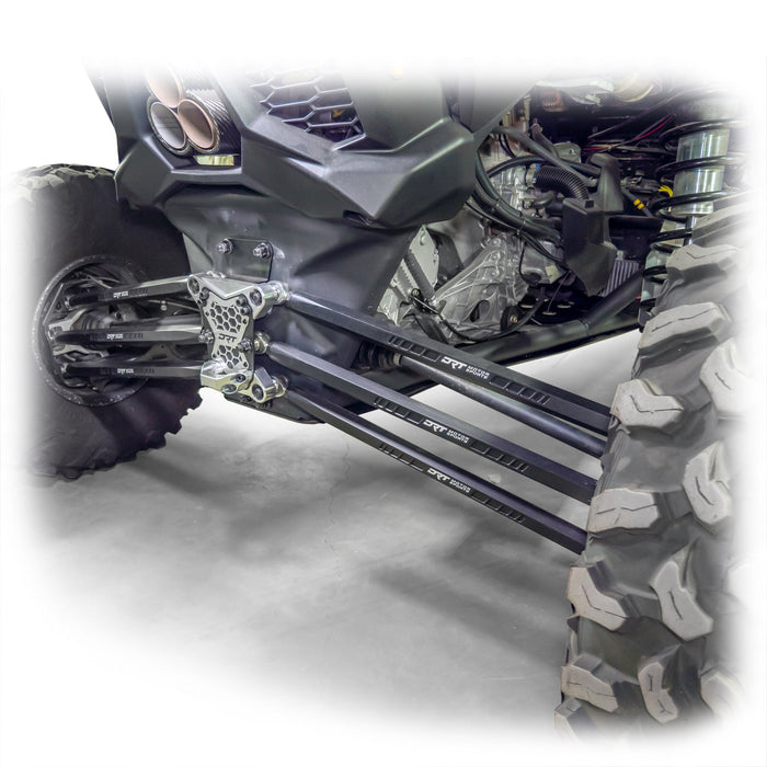 Installed barrel radius rod kit under rear control arm of Maverick X3 on both wheels