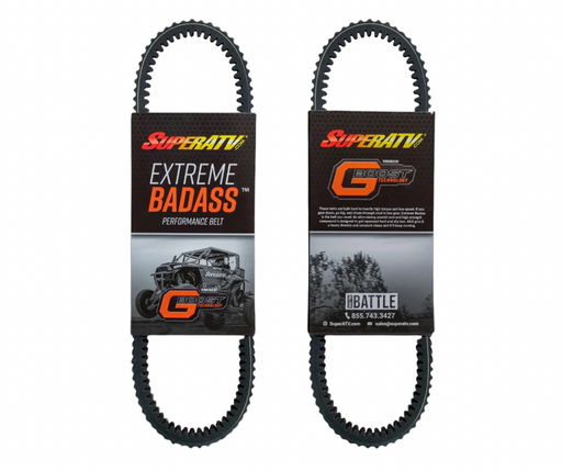 Two SuperATV performance belts with packaging on a white background