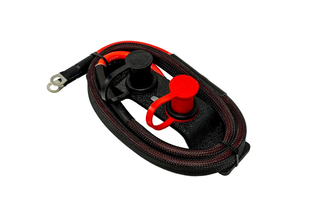Universal UTV battery jump post kit with remote battery terminal relocation for easy jump-starting, battery charging, and maintenance on side-by-side vehicles.