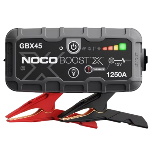 NOCO GBX45 Boost X 1250A lithium jump starter and portable battery booster for UTV, ATV, truck, SUV, motorcycle, and off-road vehicles.