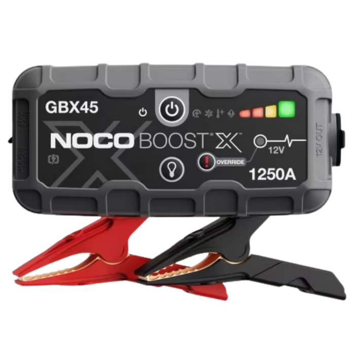 NOCO GBX45 Boost X 1250A lithium jump starter and portable battery booster for UTV, ATV, truck, SUV, motorcycle, and off-road vehicles.