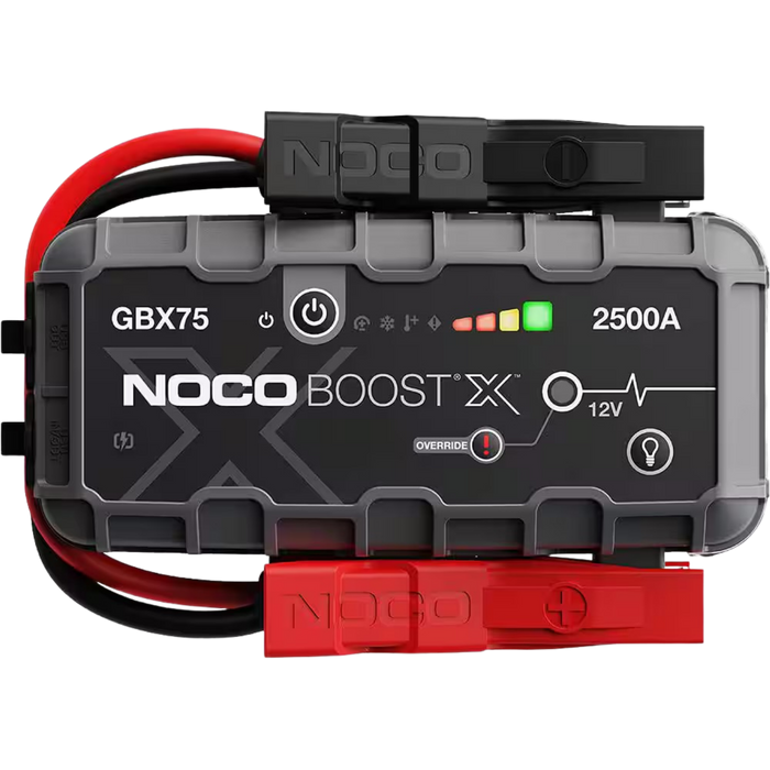 NOCO GBX75 Boost X 2500A lithium jump starter and portable battery booster for UTVs, trucks, diesel pickups, SUVs, ATVs, and off-road vehicles.