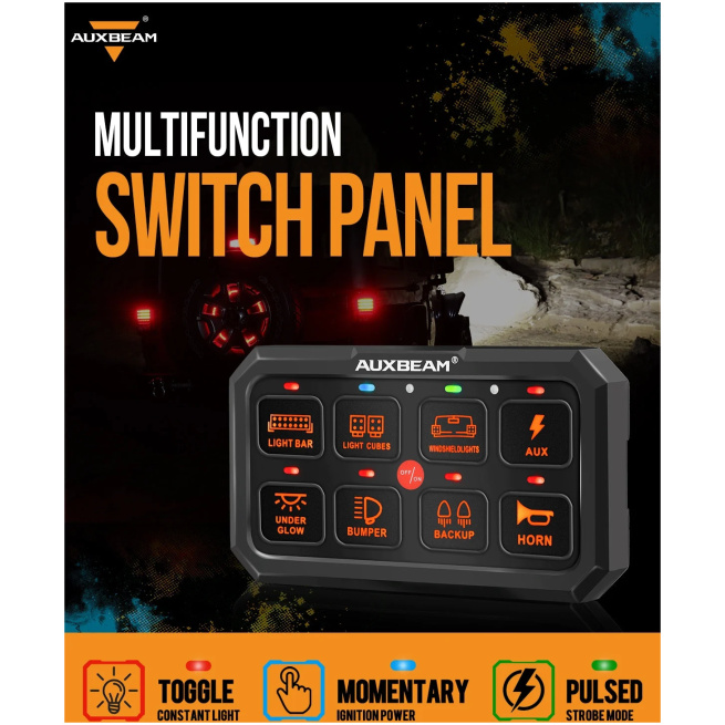 RA80 XL RGB 8 GANG SWITCH PANEL FOR UTV ATV SIDE BY SIDES, TOGGLE/ MOMENTARY/ PULSED MODES, OFF ROAD LIGHTS CONTROLLER - Image 3