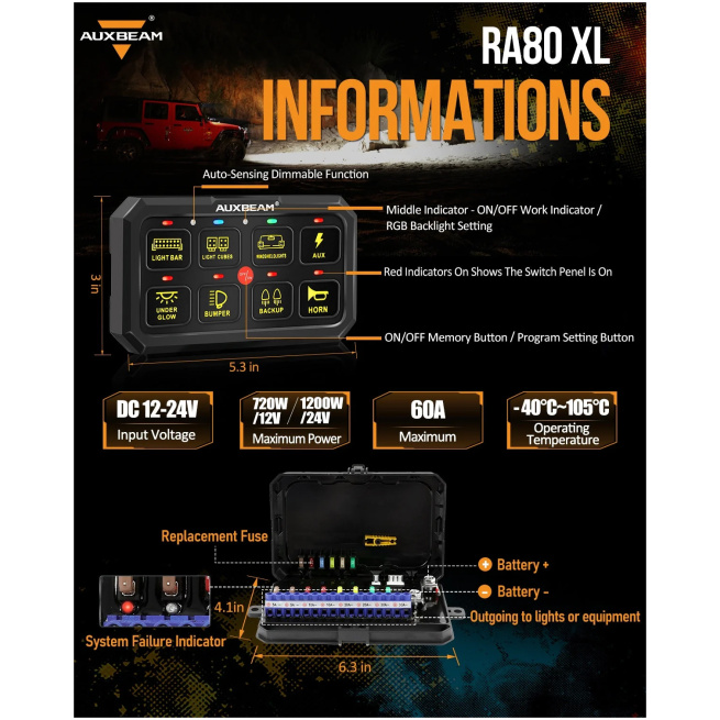 RA80 XL RGB 8 GANG SWITCH PANEL FOR UTV ATV SIDE BY SIDES, TOGGLE/ MOMENTARY/ PULSED MODES, OFF ROAD LIGHTS CONTROLLER - Image 5