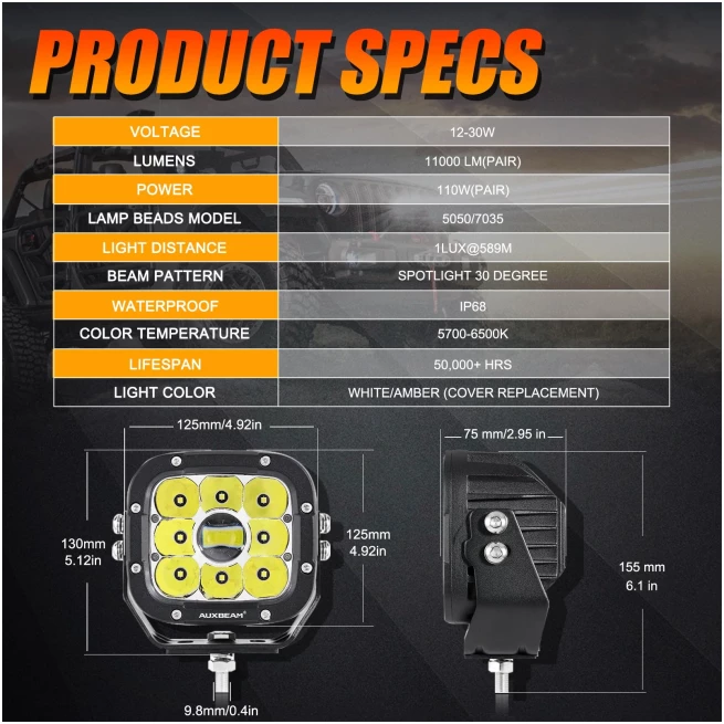 5 INCH 110W WHITE/AMBER LED DRIVING LIGHTS PODS LIGHT WITH ADDITIONAL AMBER COVERS FOR ATV UTV SIDE BY SIDE 4X4 - Image 4