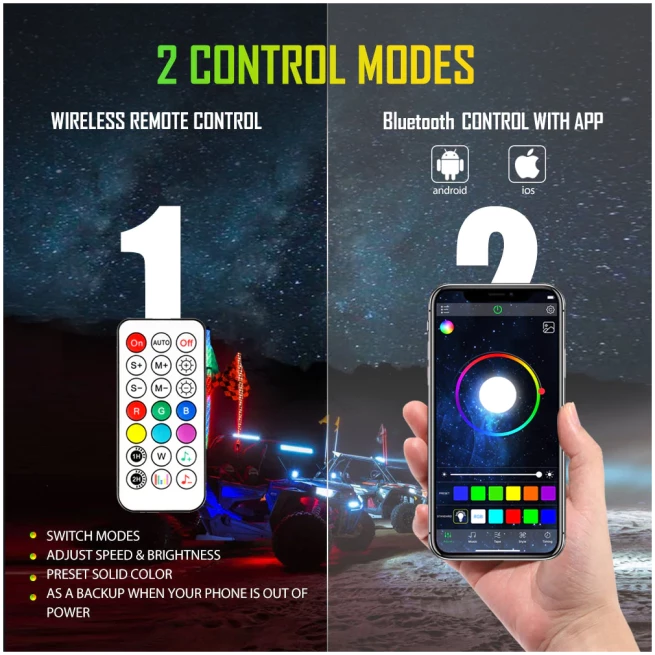3FT/4FT LED RGB WHIP LIGHTS WITH BLUETOOTH/ REMOTE CONTROLLED + WHIP LIGHT MOUNTING BRACKETS FOR UTV, ATV, OFF-ROAD VEHICLE - Image 2
