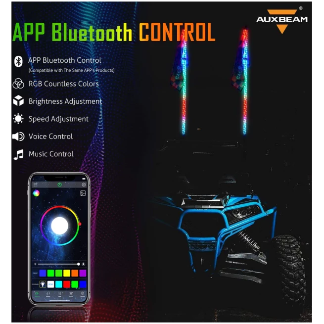 3FT/4FT LED RGB WHIP LIGHTS WITH BLUETOOTH/ REMOTE CONTROLLED + WHIP LIGHT MOUNTING BRACKETS FOR UTV, ATV, OFF-ROAD VEHICLE - Image 5