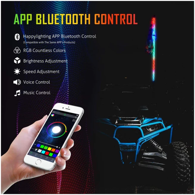 3FT/4FT/5FT RGB LED WHIP LIGHT WITH BLUETOOTH CONTROLLED + WHIP LIGHT MOUNTING BRACKETS FOR UTV, ATV, OFF-ROAD VEHICLE - Image 5