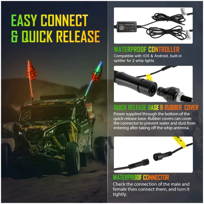 3FT/4FT LED RGB WHIP LIGHTS WITH BLUETOOTH/ REMOTE CONTROLLED + WHIP LIGHT MOUNTING BRACKETS FOR UTV, ATV, OFF-ROAD VEHICLE - Image 7