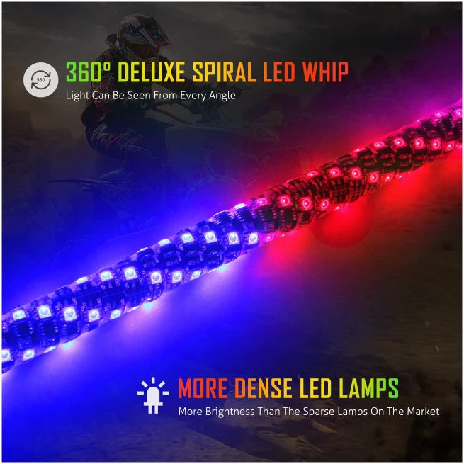 3FT/4FT/5FT RGB LED WHIP LIGHT WITH BLUETOOTH CONTROLLED + WHIP LIGHT MOUNTING BRACKETS FOR UTV, ATV, OFF-ROAD VEHICLE - Image 6