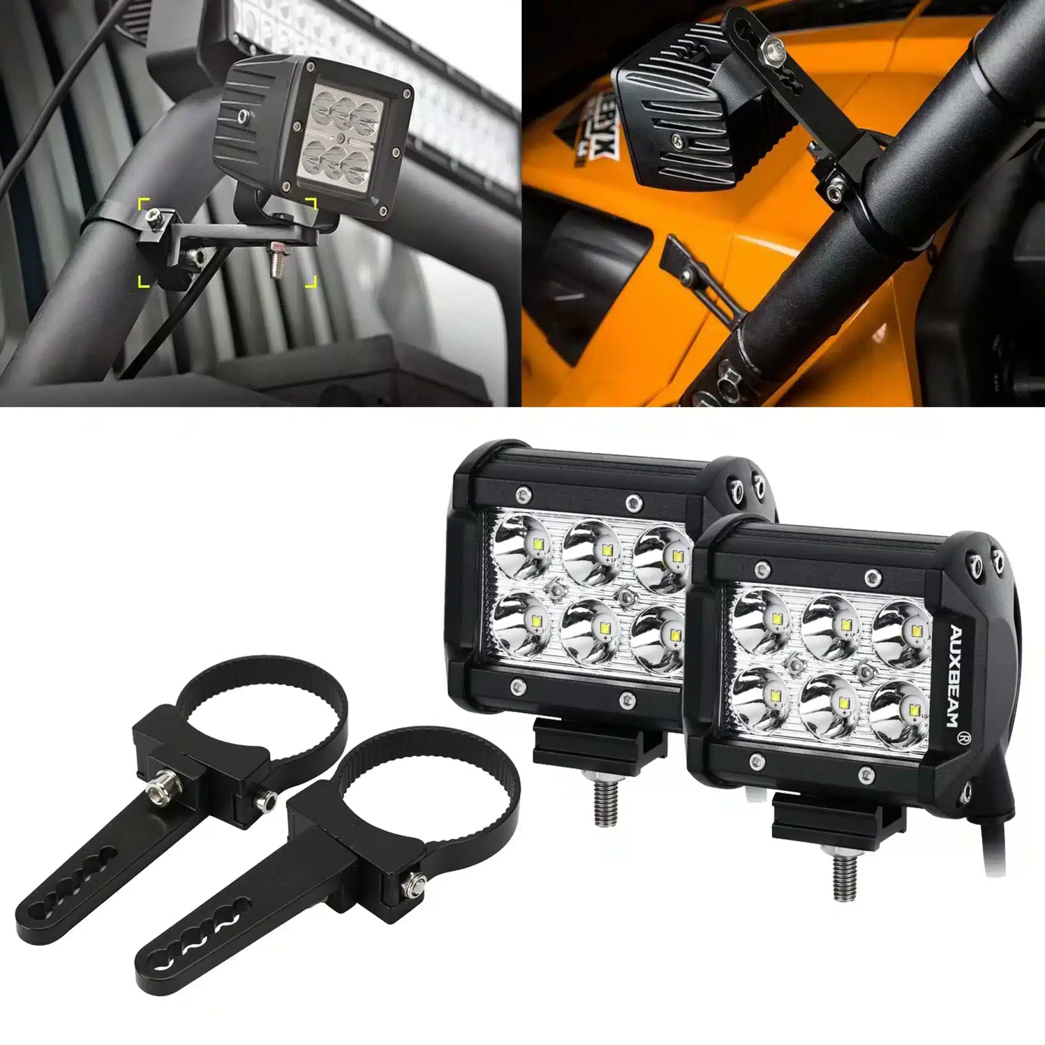 4 INCH CLASSIC-SM SERIES DUAL ROW LED POD LIGHTS SPOT/FLOOD BEAM & 2.5 INCH  BULL BAR ROLL CAGE CLAMPS MOUNTING BRACKETS COMBO FOR JEEP OFF-ROAD SUV