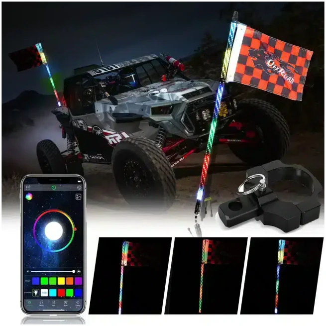 3FT/4FT/5FT RGB LED WHIP LIGHT WITH BLUETOOTH CONTROLLED + WHIP LIGHT MOUNTING BRACKETS FOR UTV, ATV, OFF-ROAD VEHICLE