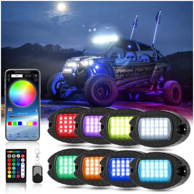 NEWEST! RGBW LED ROCK LIGHTS KIT WITH BLUETOOTH APP & WIRELESS REMOTE CONTROL, MULTICOLOR NEON UNDERGLOW LIGHTS WITH BRAKE LIGHT FUNCTION FOR ATV UTV - Image 3