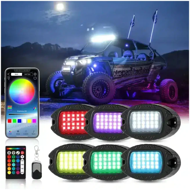 NEWEST! RGBW LED ROCK LIGHTS KIT WITH BLUETOOTH APP & WIRELESS REMOTE CONTROL, MULTICOLOR NEON UNDERGLOW LIGHTS WITH BRAKE LIGHT FUNCTION FOR ATV UTV