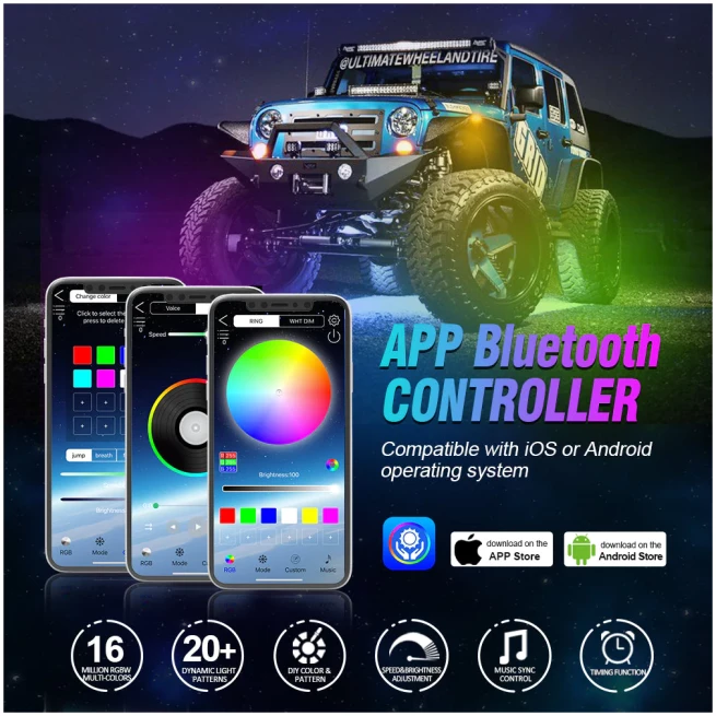 NEWEST! RGBW LED ROCK LIGHTS KIT WITH BLUETOOTH APP & WIRELESS REMOTE CONTROL, MULTICOLOR NEON UNDERGLOW LIGHTS WITH BRAKE LIGHT FUNCTION FOR ATV UTV - Image 6