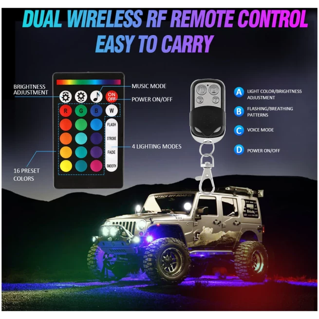 NEWEST! RGBW LED ROCK LIGHTS KIT WITH BLUETOOTH APP & WIRELESS REMOTE CONTROL, MULTICOLOR NEON UNDERGLOW LIGHTS WITH BRAKE LIGHT FUNCTION FOR ATV UTV - Image 7