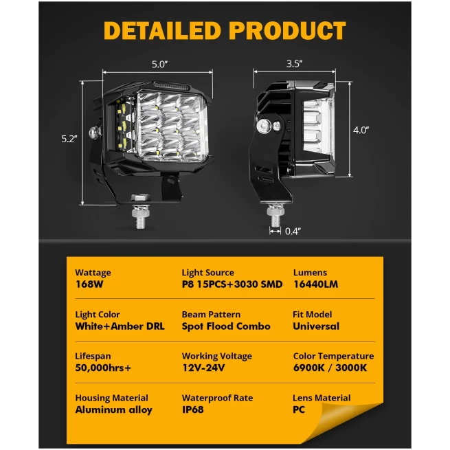 168W 16440LM COMBO BEAM SIDE SHOOTER LED SQUARE POD LIGHTS WITH AMBER DRL | V-MAX SERIES- AUXBEAM - Image 9