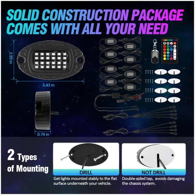 NEWEST! RGBW LED ROCK LIGHTS KIT WITH BLUETOOTH APP & WIRELESS REMOTE CONTROL, MULTICOLOR NEON UNDERGLOW LIGHTS WITH BRAKE LIGHT FUNCTION FOR ATV UTV-AUXBEAM - Image 12